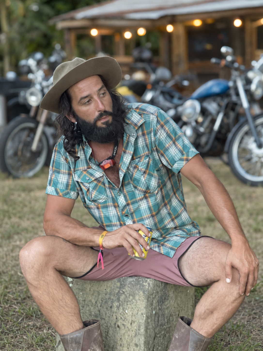Little Andy seated in front of motorcycles
